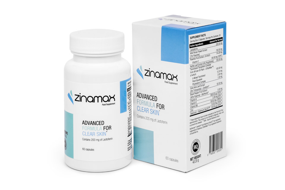 Zinamax — Bottle and box of the skin supplement